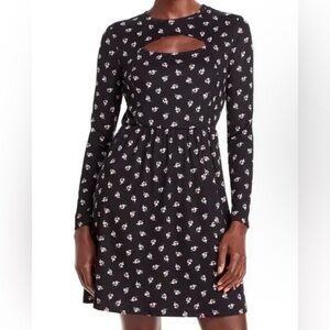 Aqua Size Medium Black Floral Long-Sleeve Keyhole Dress